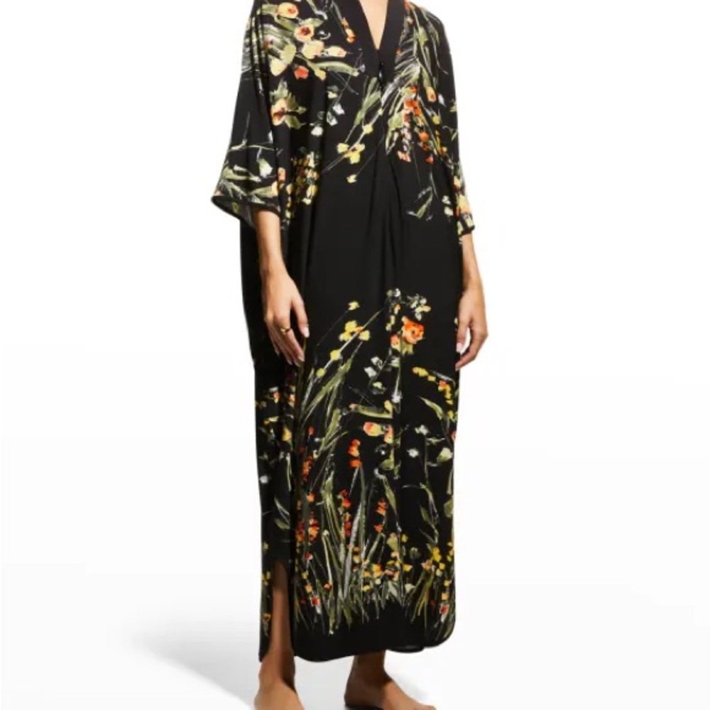 Diamond Tea Gown Floral Print Zip Front Caftan Dress S/M Maxi Dress